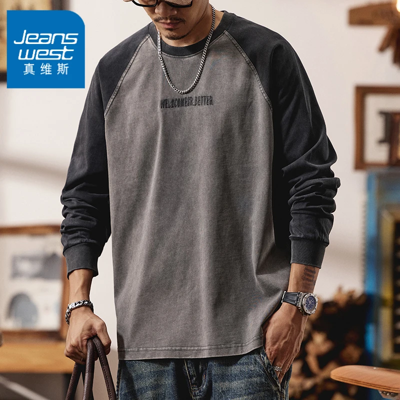 真维斯美式重磅拼色长袖t恤2025新款秋季潮牌插肩袖纯棉宽松圆领