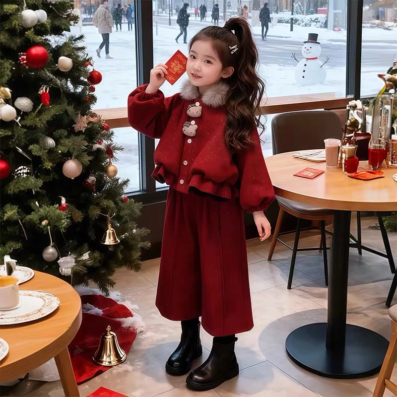 女童冬装拜年服套装加绒加厚中小童两件套宝宝洋气新年服潮