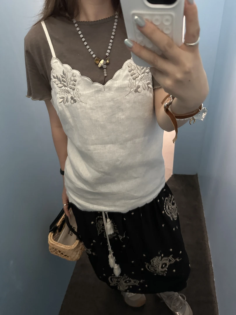 【ZHANGDAYUN】10280# Ins博主法式抽绳刺绣吊带