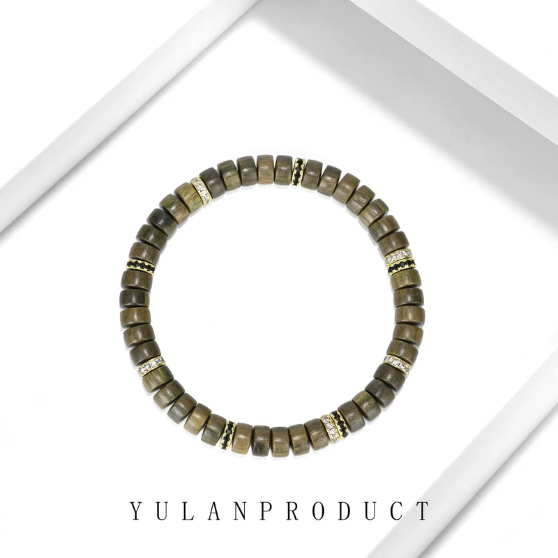 钰澜文玩绿檀药片单圈-7mm+黑白钻搭配款-精工百搭男女同款