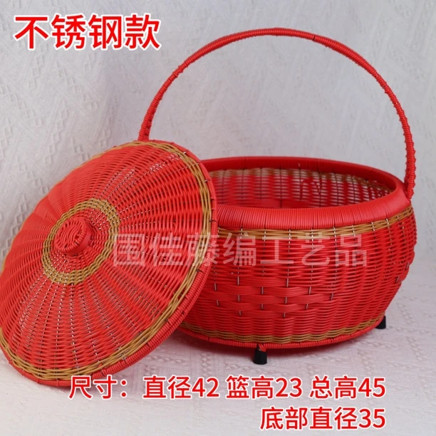 不锈钢红色圆口圆底加脚）pp仿藤囍篮大容量拜拜篮户外野餐拜神篮