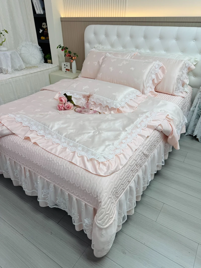 【夏凉被+床盖+枕套*2】花边床盖冰丝提花空调被四件套亲肤凉感床品