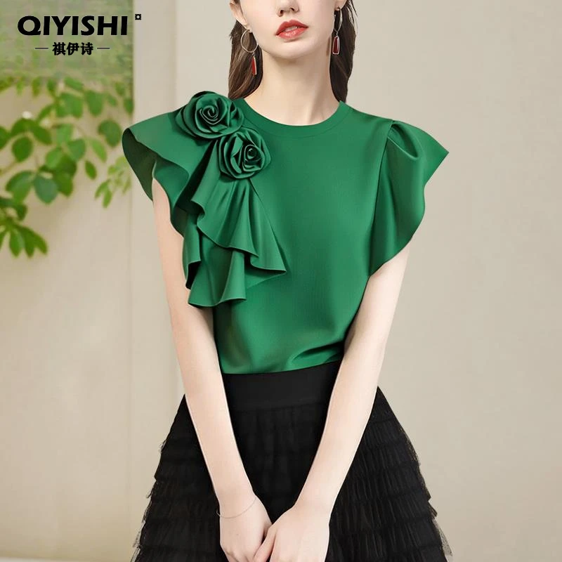 欧洲站T恤衫女短袖上衣时尚小香风玫瑰扎花小衫圆领SD256058