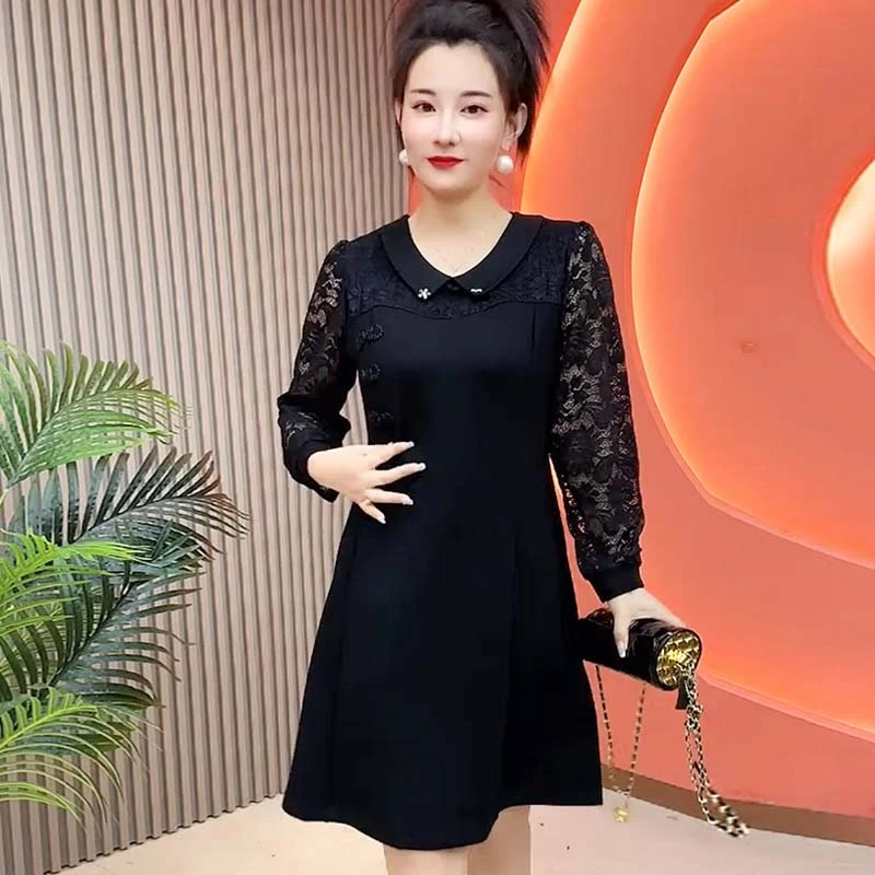 春夏季新款显瘦气质长袖拼接连衣裙妈妈装减龄洋气遮肚打底中长裙