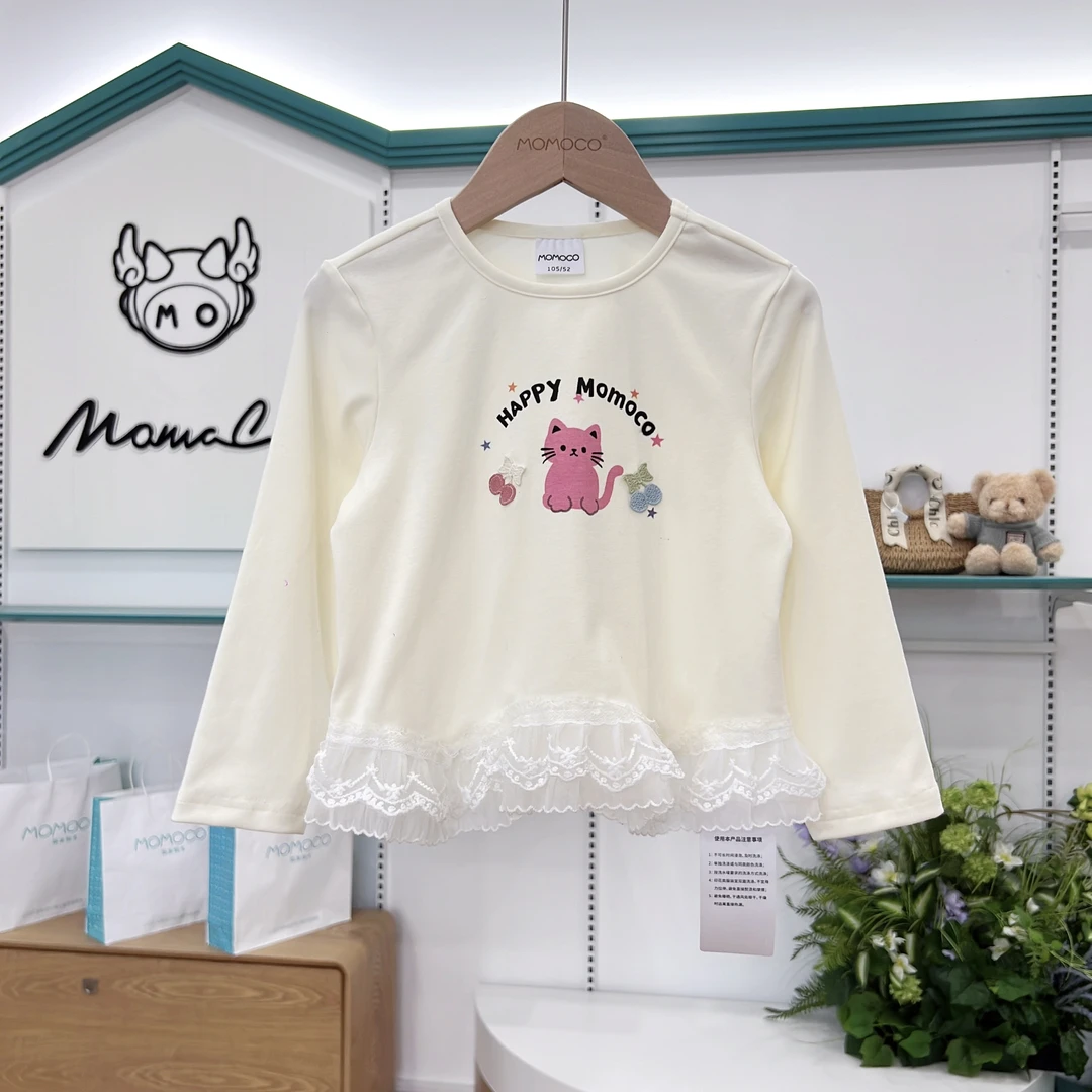 MOMOCO女童秋季儿童时尚可爱甜美打底衫蕾丝拼接T恤77730230824