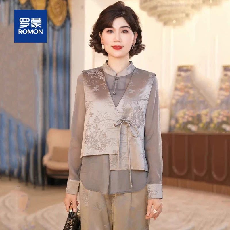 罗蒙新中式妈妈春装洋气高贵t恤衬衫2025中老年女装国风气质小衫