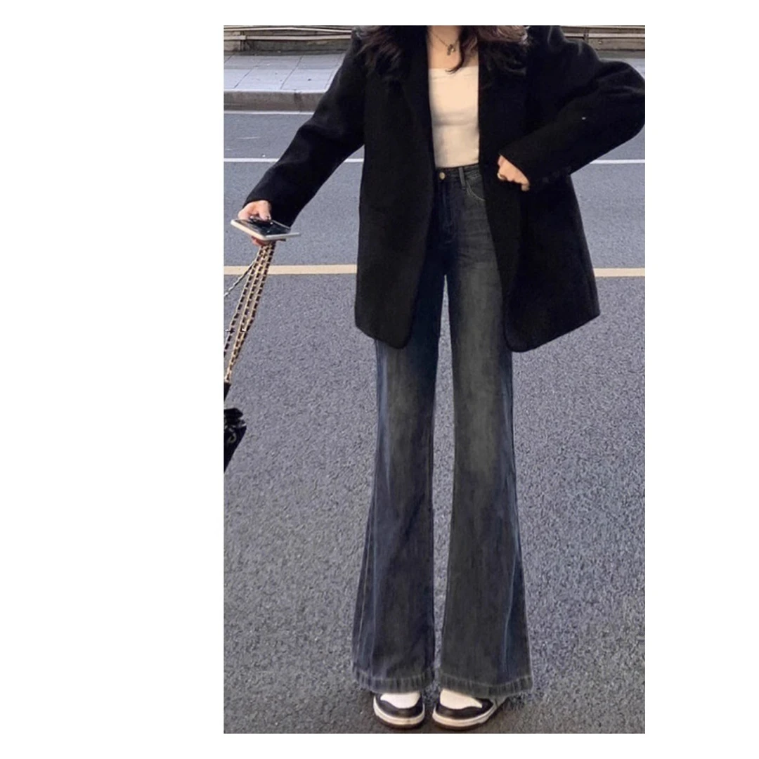 精选蓝灰色微喇牛仔裤女秋季新款大码胖高腰宽松显瘦梨形身材阔腿