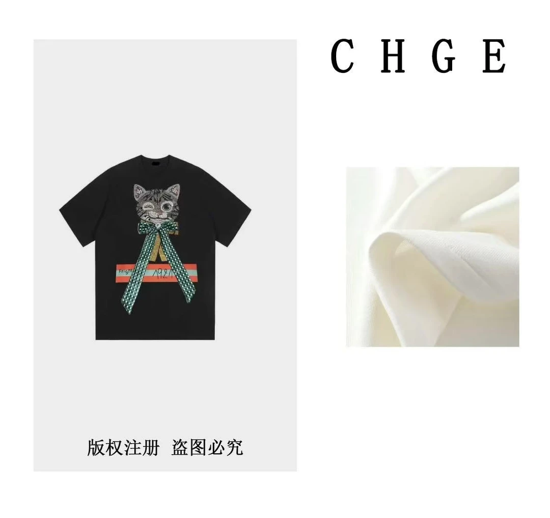 【高奢出口转内销】猫咪小姐时尚百搭短袖夏季新款立体手工烫钻白色