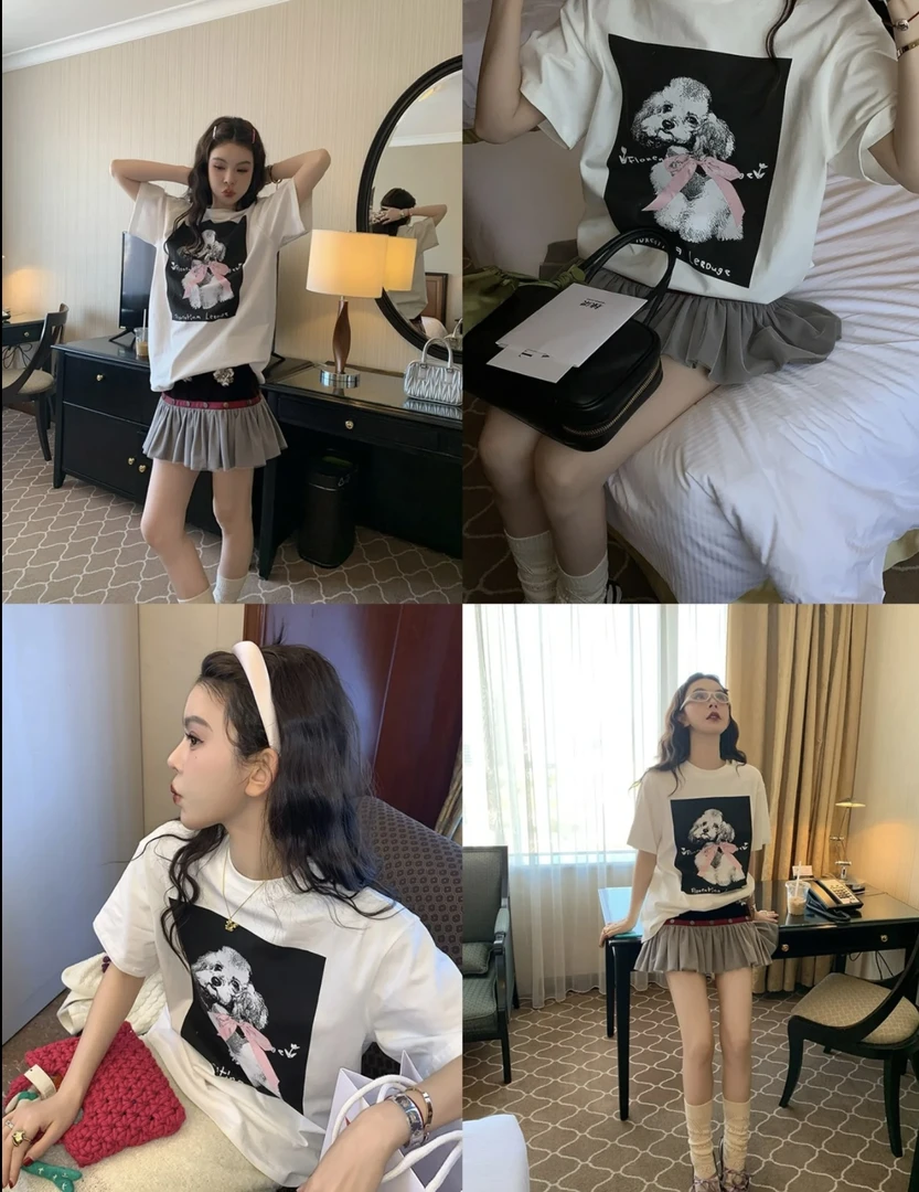 （像素小狗）印花T恤女2025夏季新款时尚气质百搭宽松短袖上衣 3130