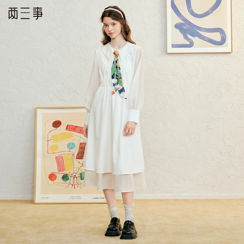 两三事快乐瞬息 印花领带双层裙摆连衣裙S25CLY385