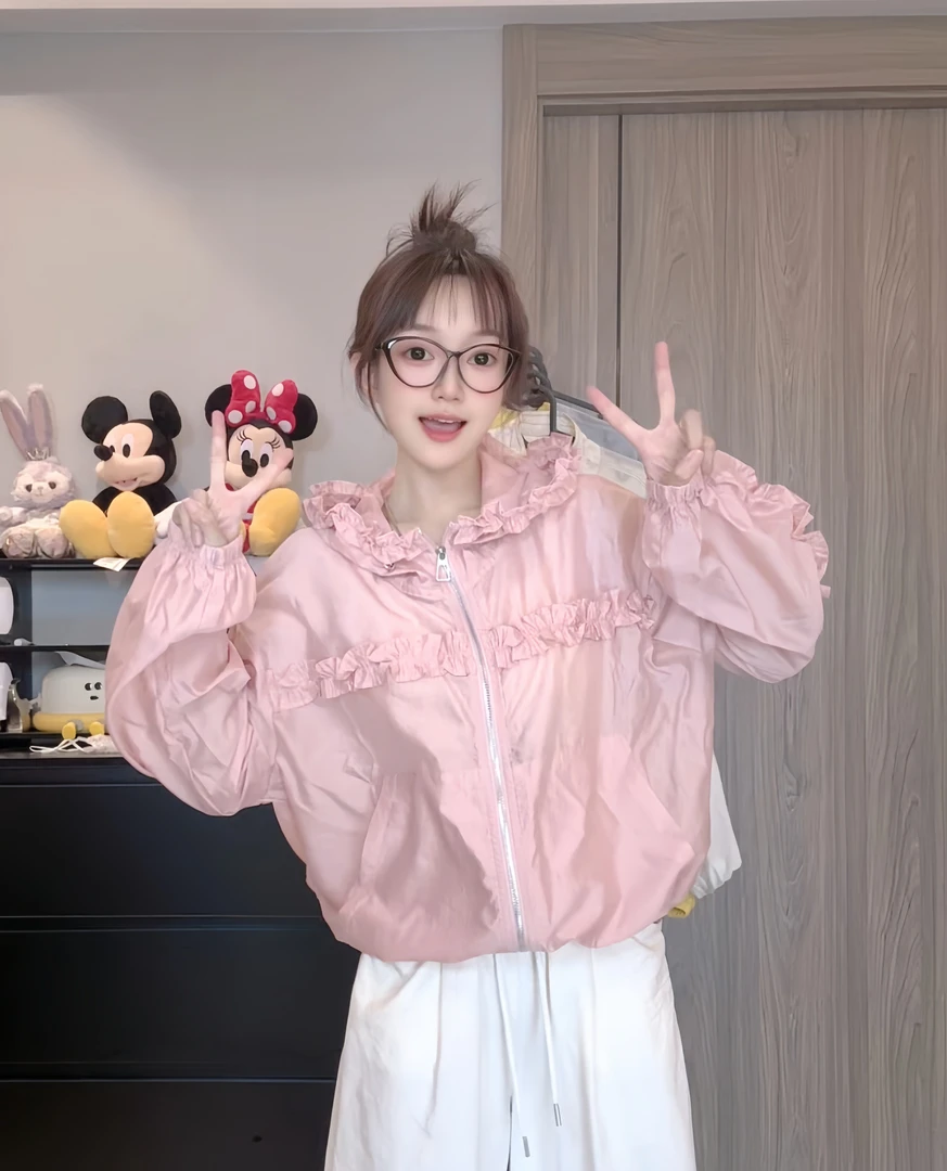 2522韩系木耳边连帽薄外套百搭透气宽松田园风小个子夏季轻薄