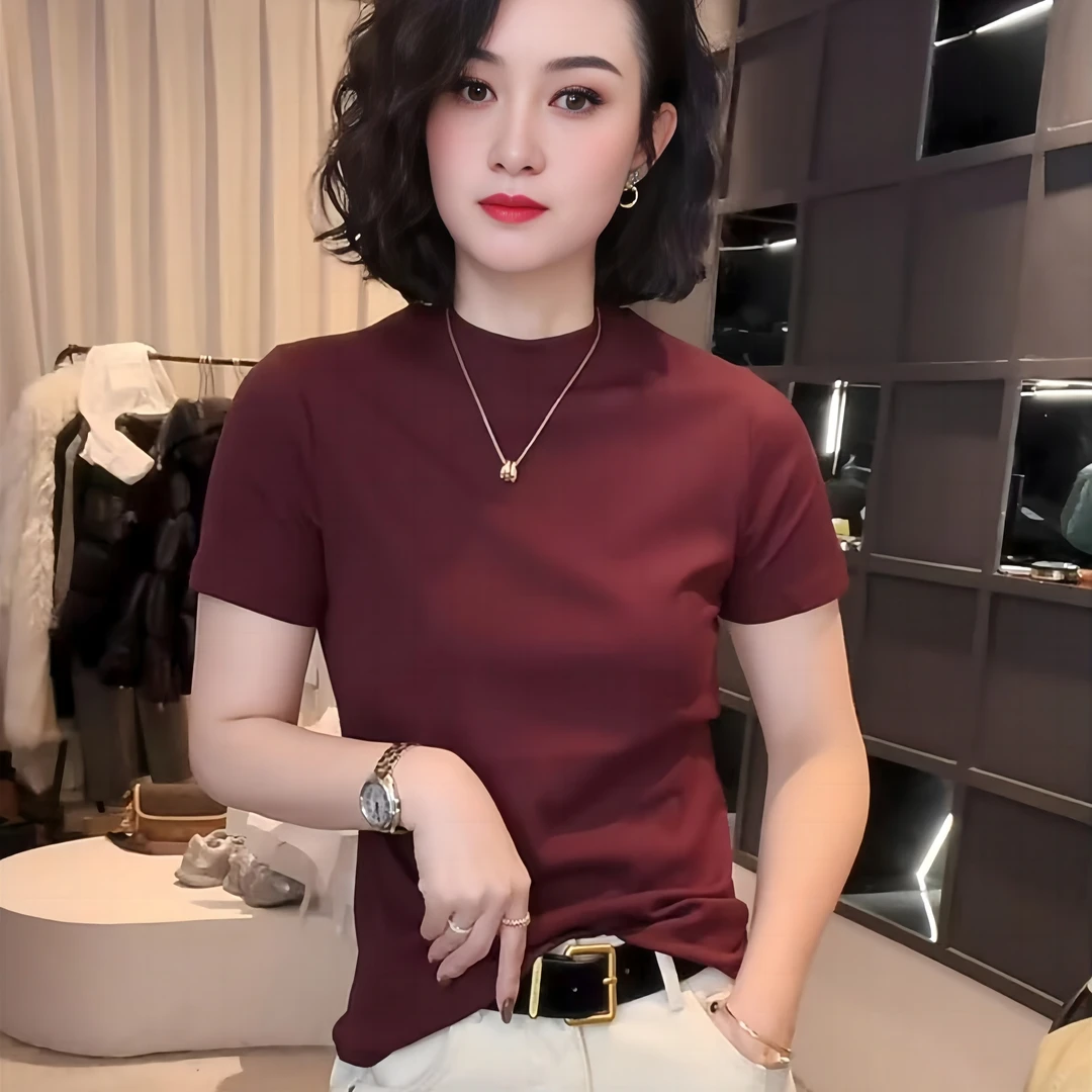 早春款圆领设计感时尚百搭短袖显瘦上衣款女洋气简约修身纯色t恤