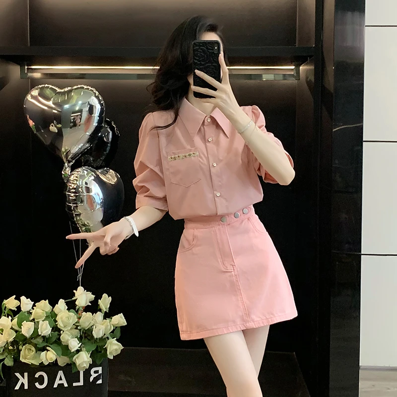 小个子穿搭一整套女夏季时尚洋气短袖衬衫显瘦粉色牛仔短裙两件套