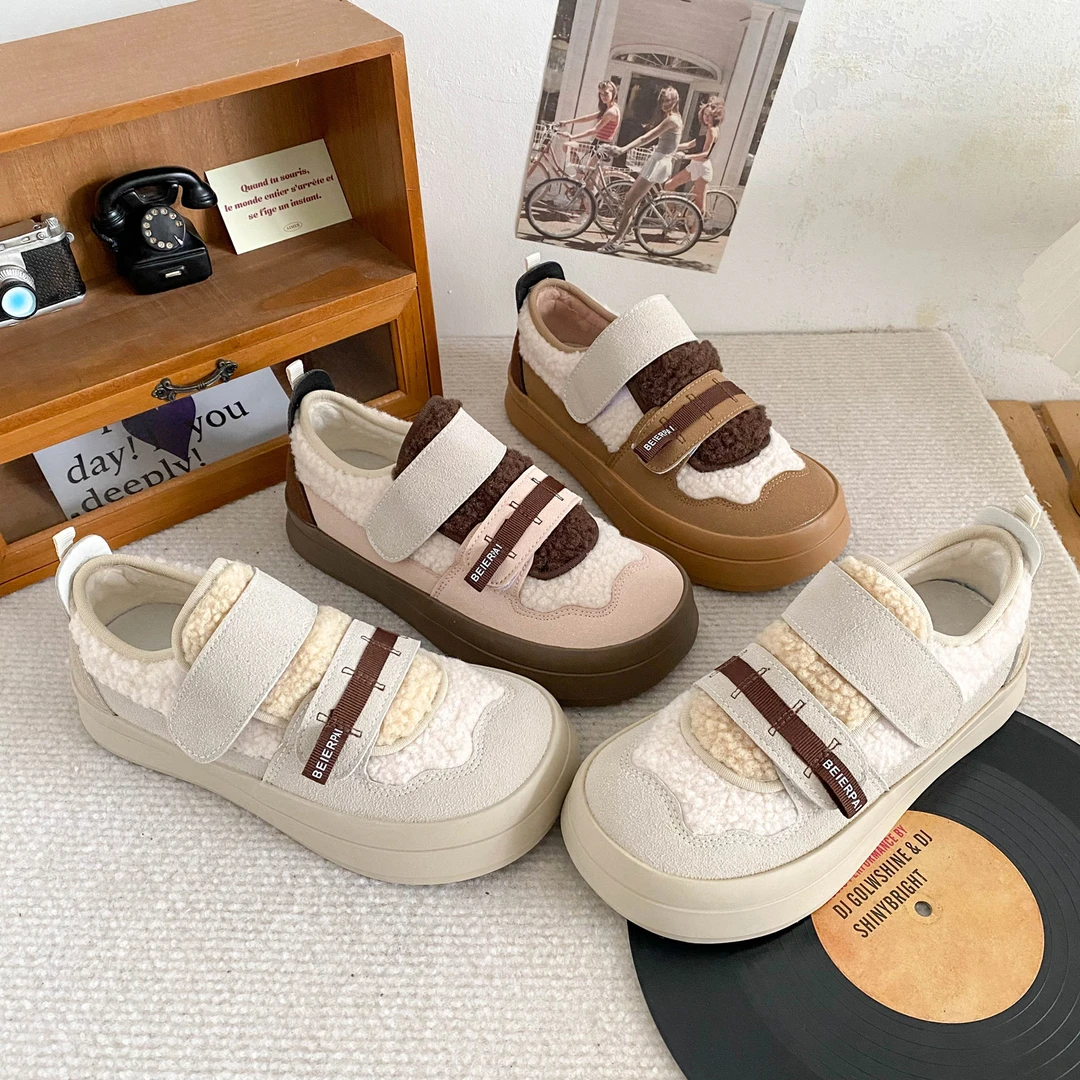 【觅觅】冬季圆头厚底魔术贴板鞋女2024新款加绒加厚保暖棉鞋小众