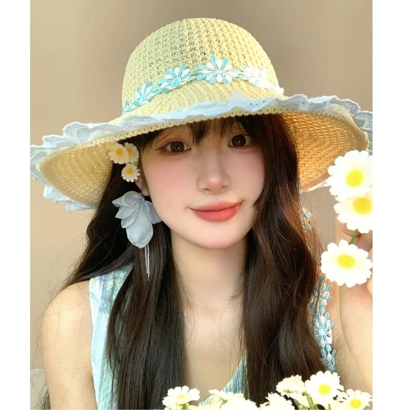 法式浅蓝色碎花草帽女夏海边沙滩波浪边大帽檐太阳帽遮阳防晒帽子