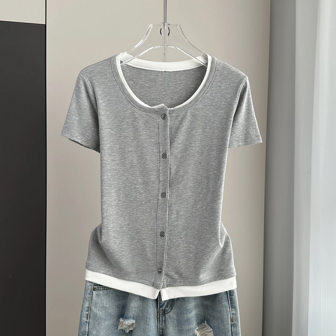 假两件修身纽扣开衫短袖T恤女夏季新款螺纹撞色薄款拼接短款上衣