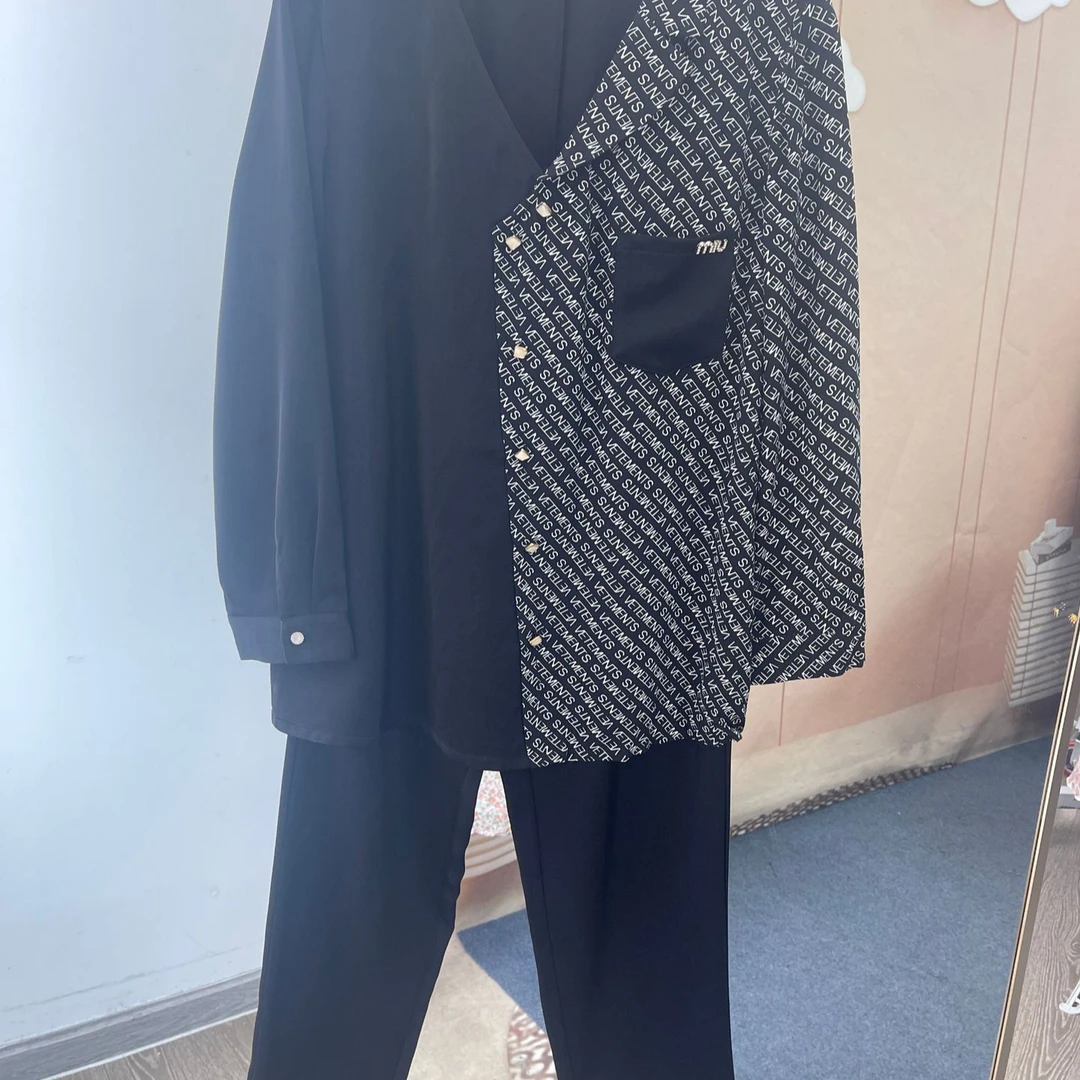 219V领拼接撞色上衣+直筒阔腿裤两件套套裤219/GP