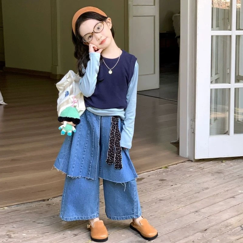 女童韩系叠穿背心打底衫屁帘牛仔裤套装秋装2025新款儿童女宝洋气