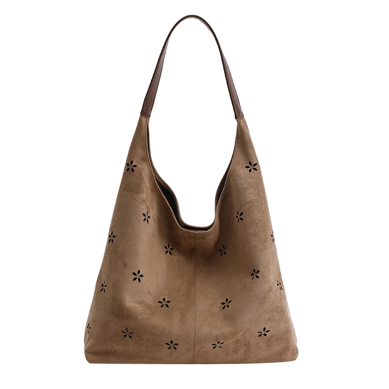 Scarlet Wong纯色磨砂单肩包磁扣棕色印花托特包肩包欧美单根布包