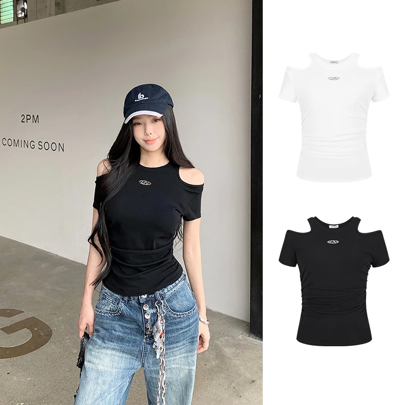 Moses Queen/魔西女王露肩热辣美式辣妹上衣设计修身掐腰短袖t恤