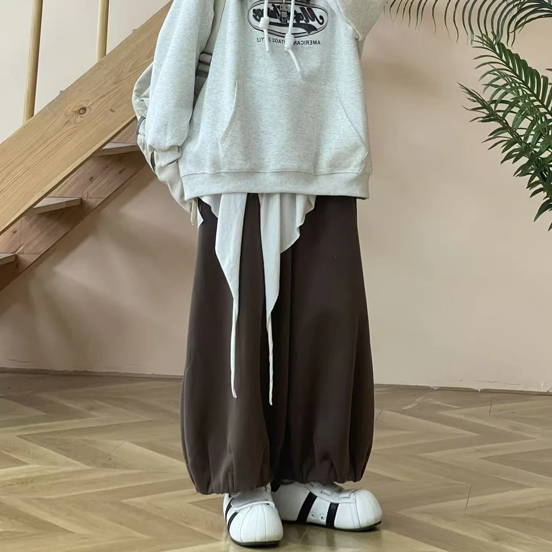 冬季新款纯色慵懒风宽松版加厚卫裤阔腿裤961738款