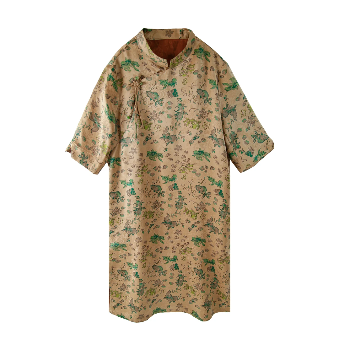 25姆满桑红云纱绞罗尘灰色金鱼海藻纹立领平安结连衣裙12359-6