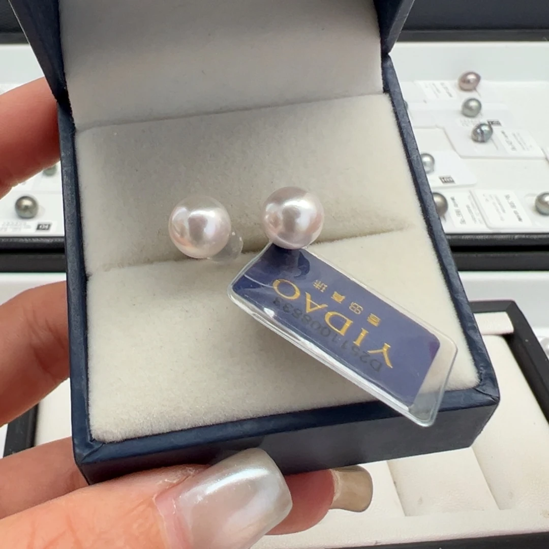 耳饰银S925镶嵌海水珍珠Akoya耳钉8-9mm可定制爱