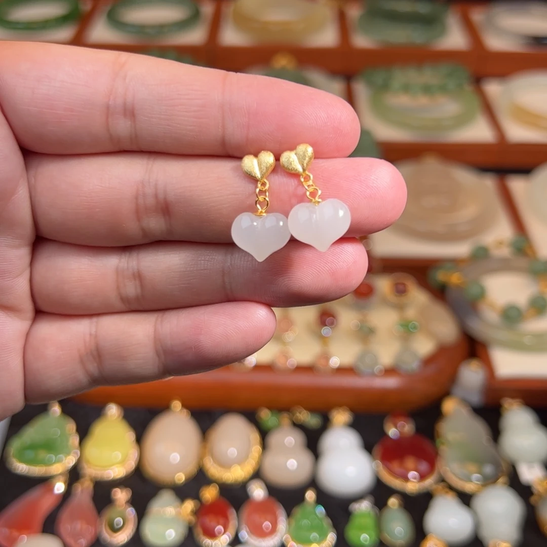 和田玉银S925镶嵌耳饰