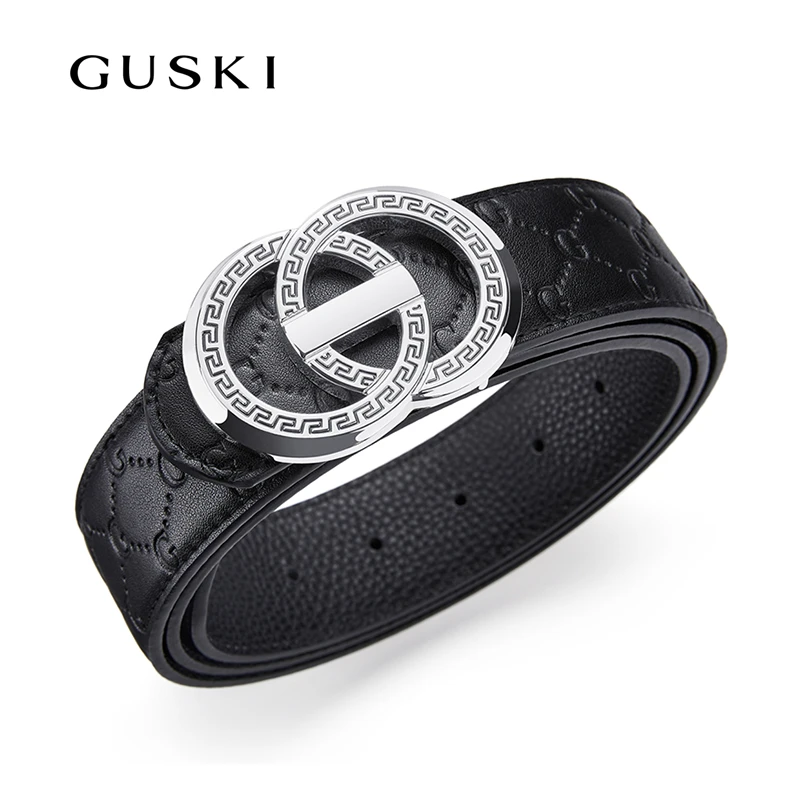 GUSKI 品牌男士真皮皮带平滑扣内穿时尚百搭年轻印花纹字母裤腰带