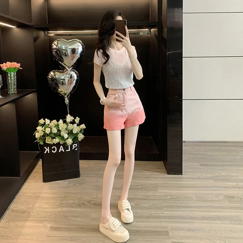 休闲运动套装女夏2025轻奢修身短袖针织衫T恤粉色牛仔短裤两件套