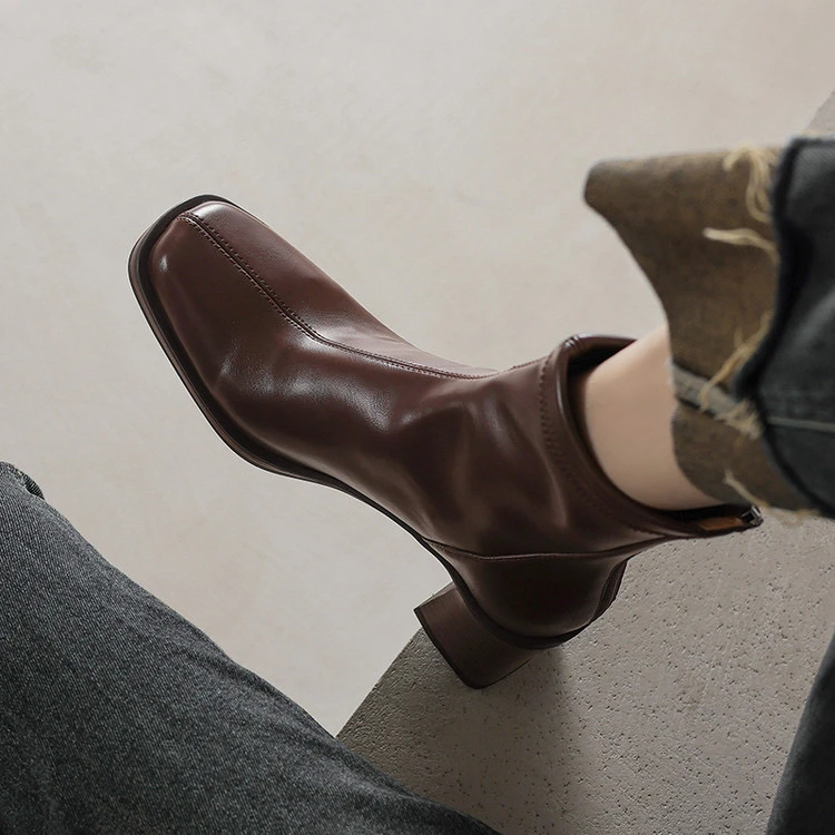 牛皮7cm～方头高跟短靴厚底显瘦气质时装靴秋冬新款粗跟瘦瘦靴短筒