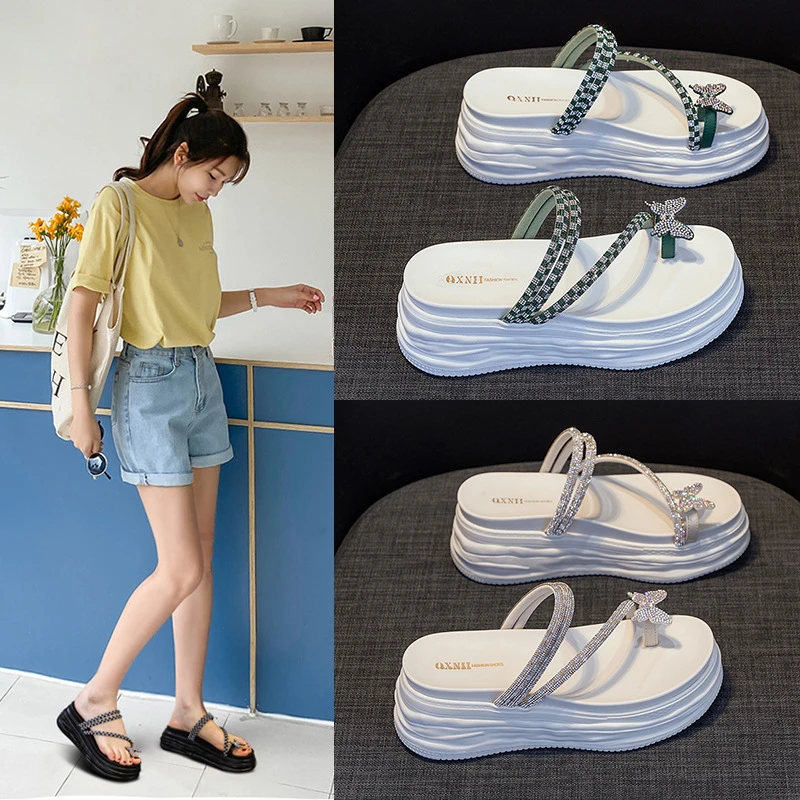 夏季新款厚底凉拖鞋百搭时尚坡跟人字拖休闲沙滩仙女风凉鞋浅口