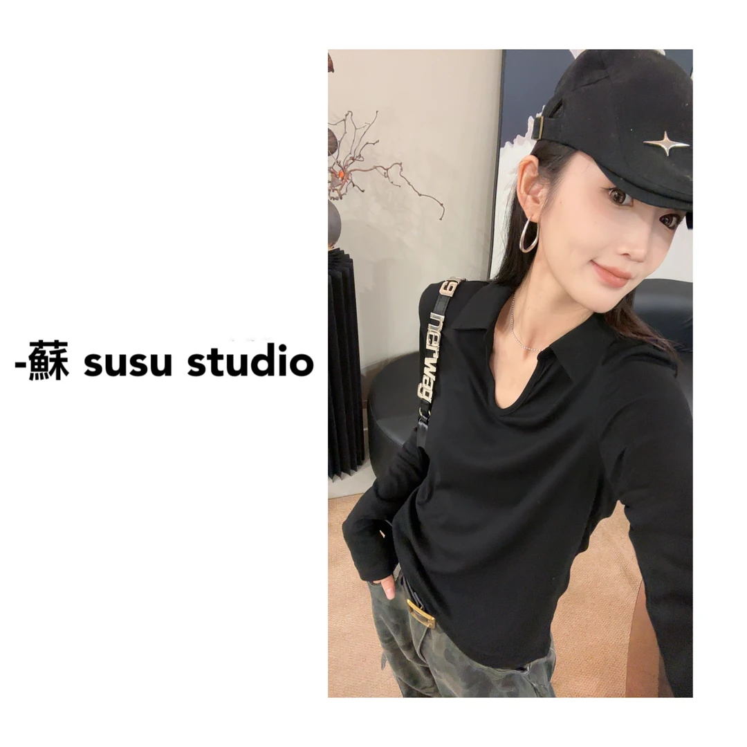 MM长袖T恤女早秋2025新款极简风宽松显瘦百搭翻领打底衫033