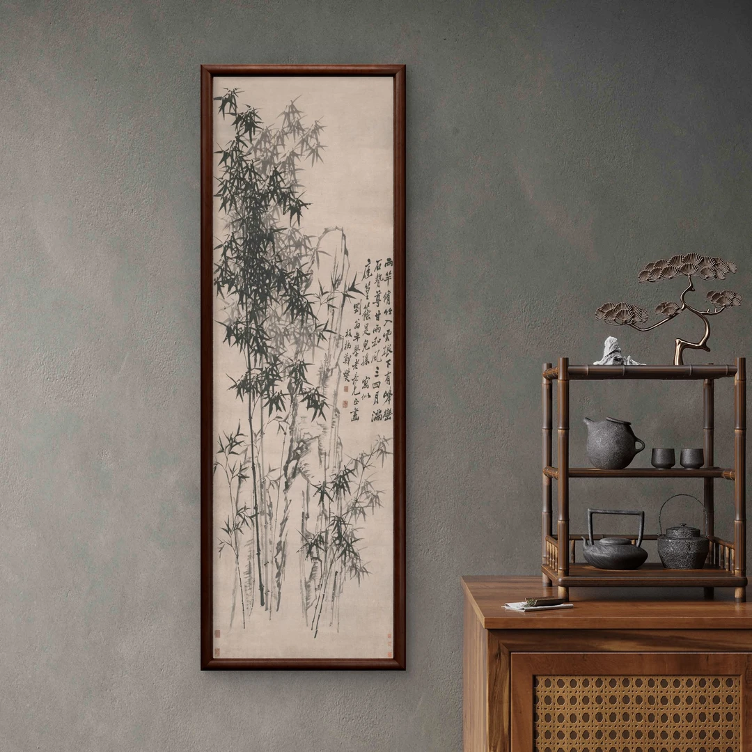 9759 -40*120竹石图装饰画实木玄关书房茶室客厅挂画
