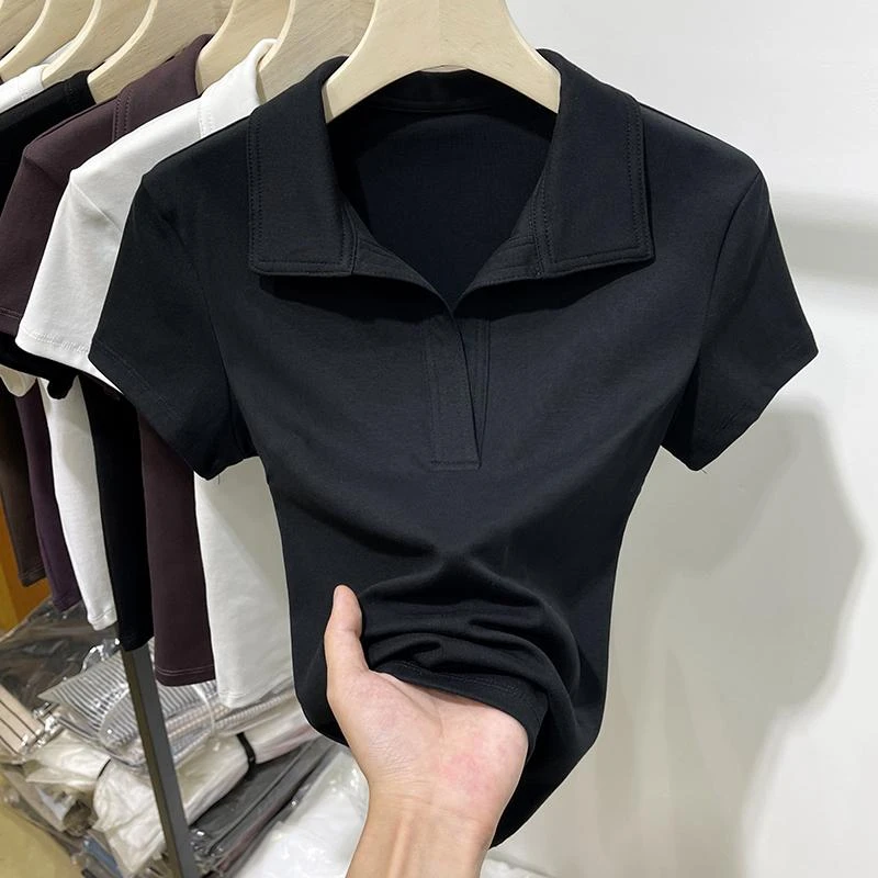 黑色正肩POLO领短袖t恤女夏季修身显瘦翻领洋气百搭螺纹棉上衣潮