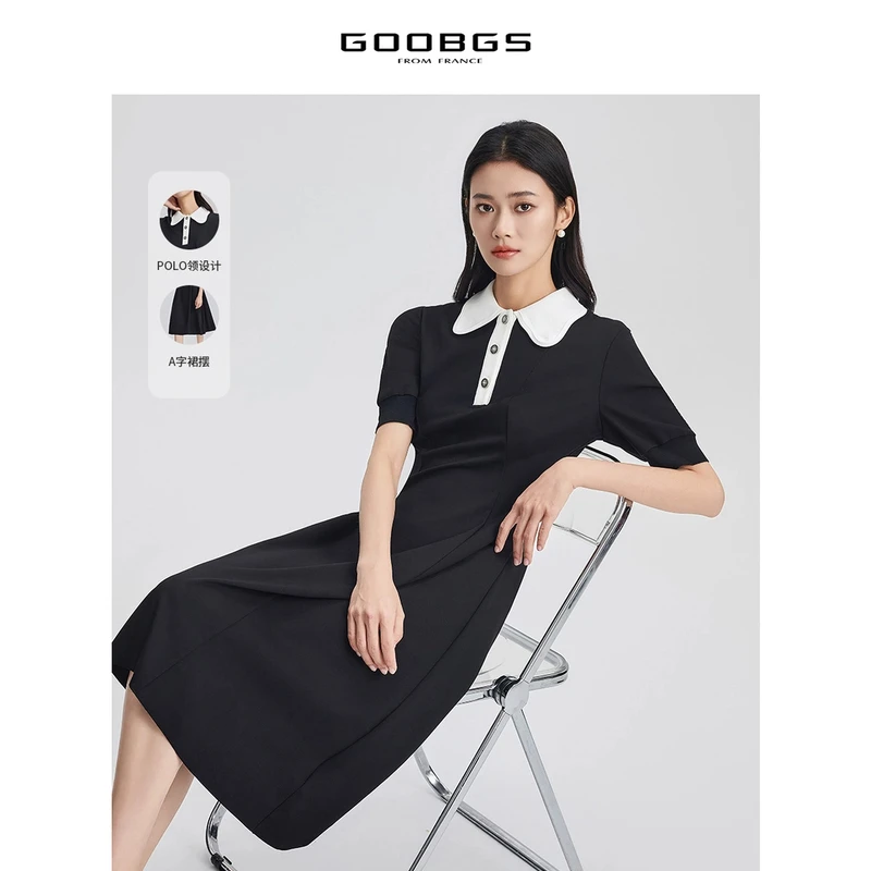 【谷邦L+】谷邦GOOBGS 黑色翻领短袖连衣裙 G3242142