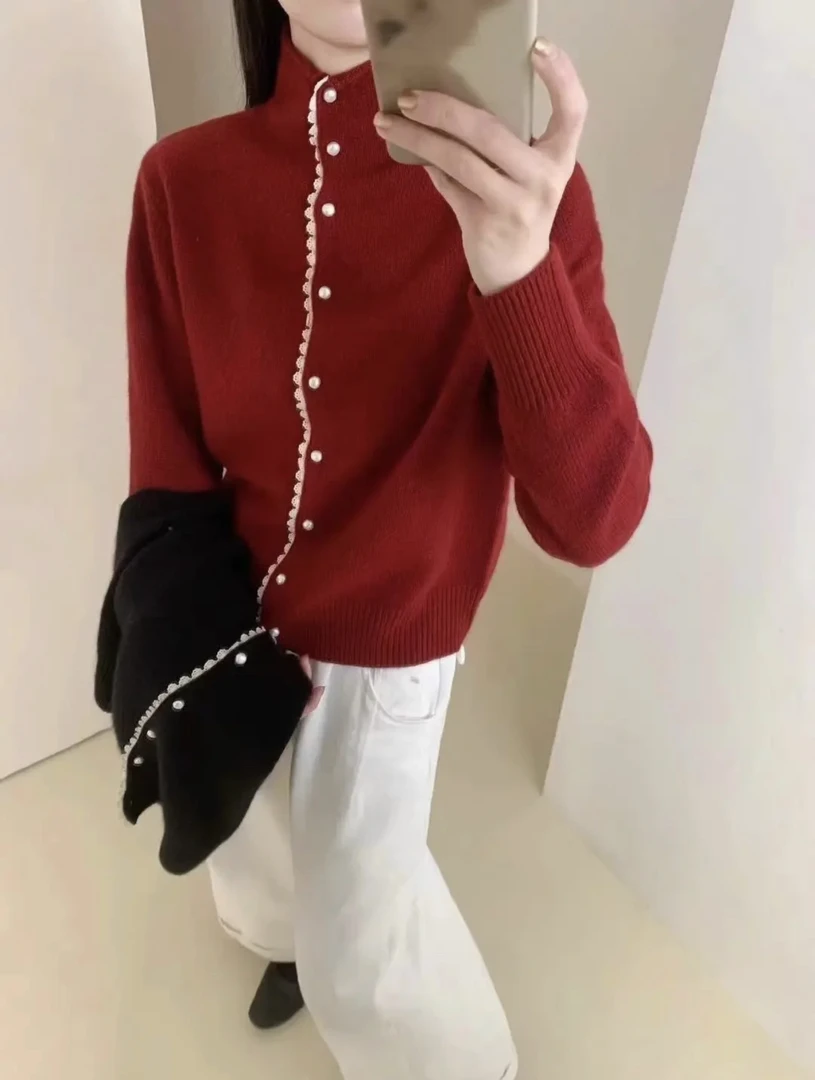 【白玉扣蕾丝边】新款韩系设计感提花针织开衫毛衣毛衣开衫毛衣开衫