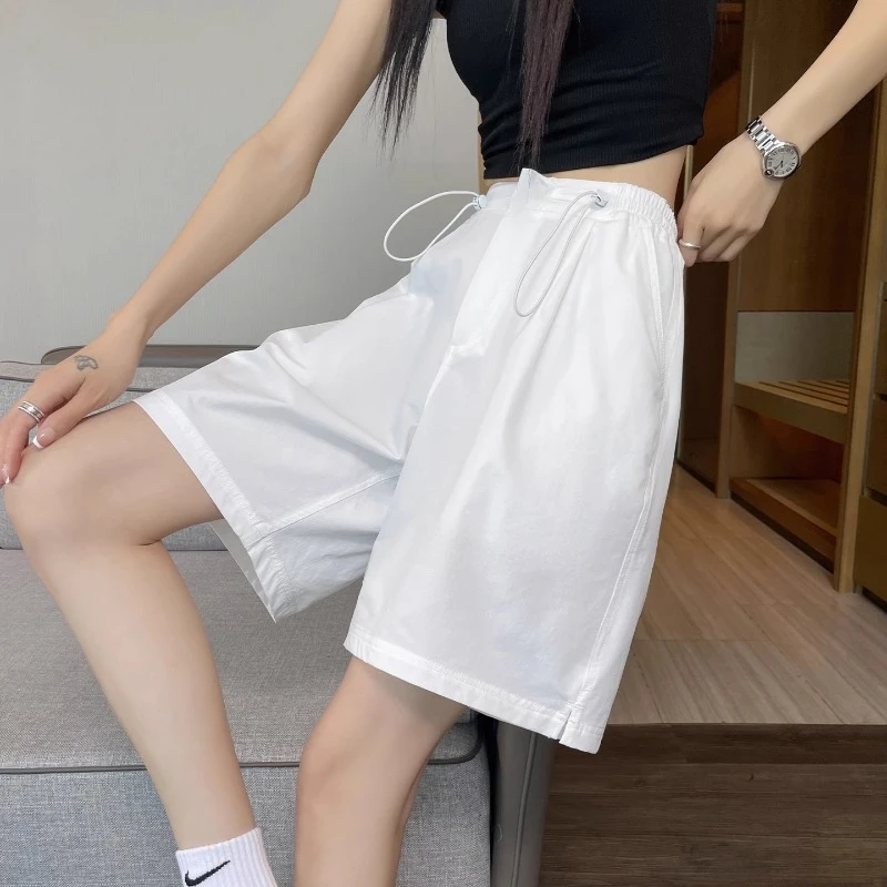 白色冰丝速干短裤女夏季薄款2025新款高腰a字美式运动五分阔腿裤
