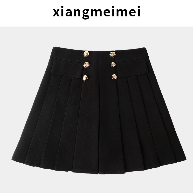 双排扣设计感百褶裙女2025新款高腰a字短裙黑色显瘦朋克风半身裙