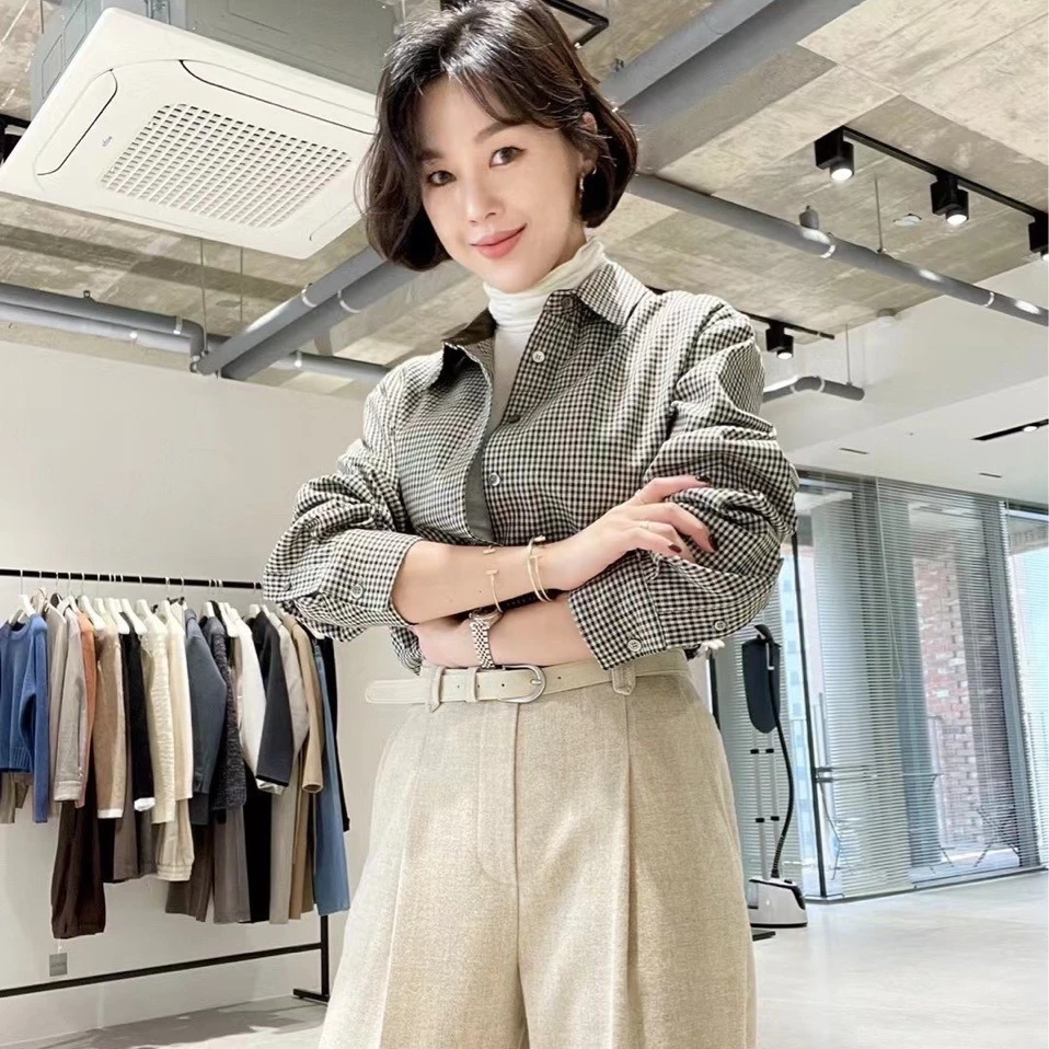 韩国东大门新款复古通勤气质款格子衬衫开衫