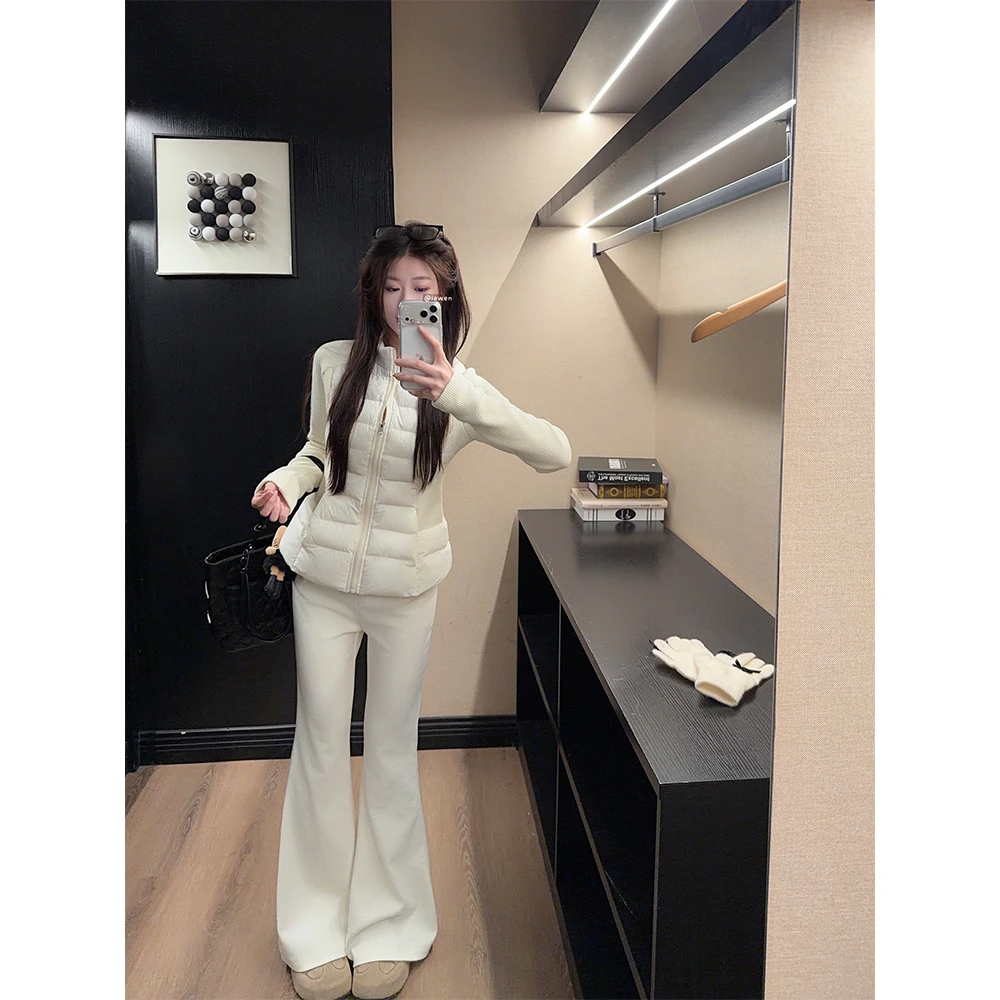 【小腰精】时尚保暖收腰显瘦棉服女毛衣拼接白色显瘦长裤套装23152#