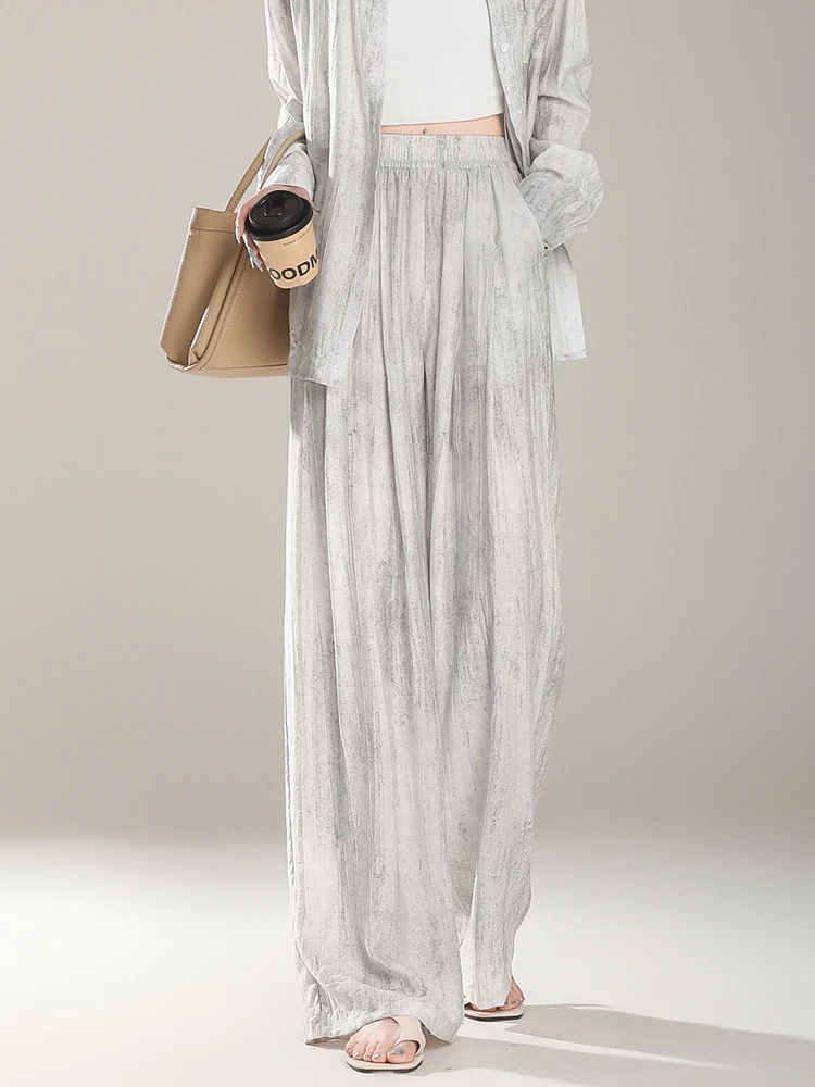 夏季凉感宽松防蚊扎染松紧腰休闲裤垂感山本裤亚麻裤子上衣套装女