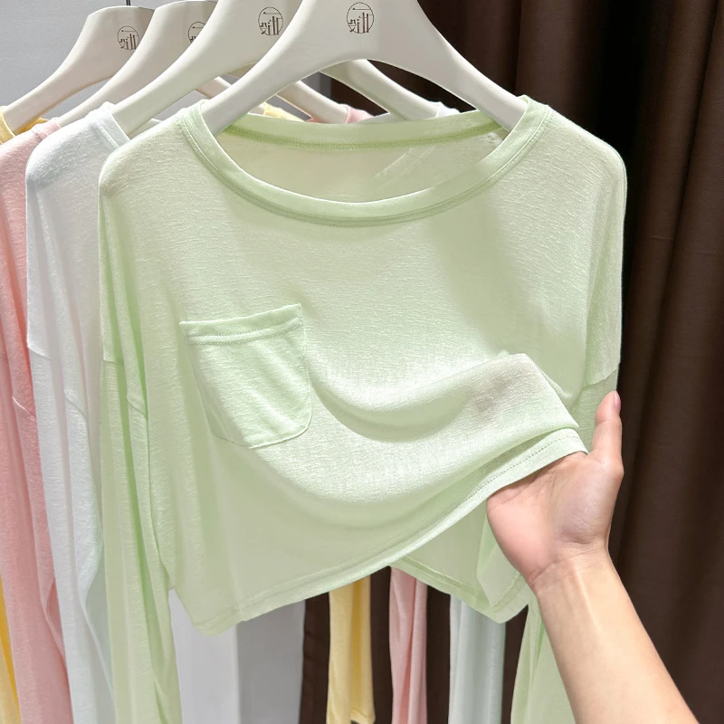 夏季清凉透气长袖T恤2025新款薄荷绿显白时尚百搭ins宽松防晒罩衫