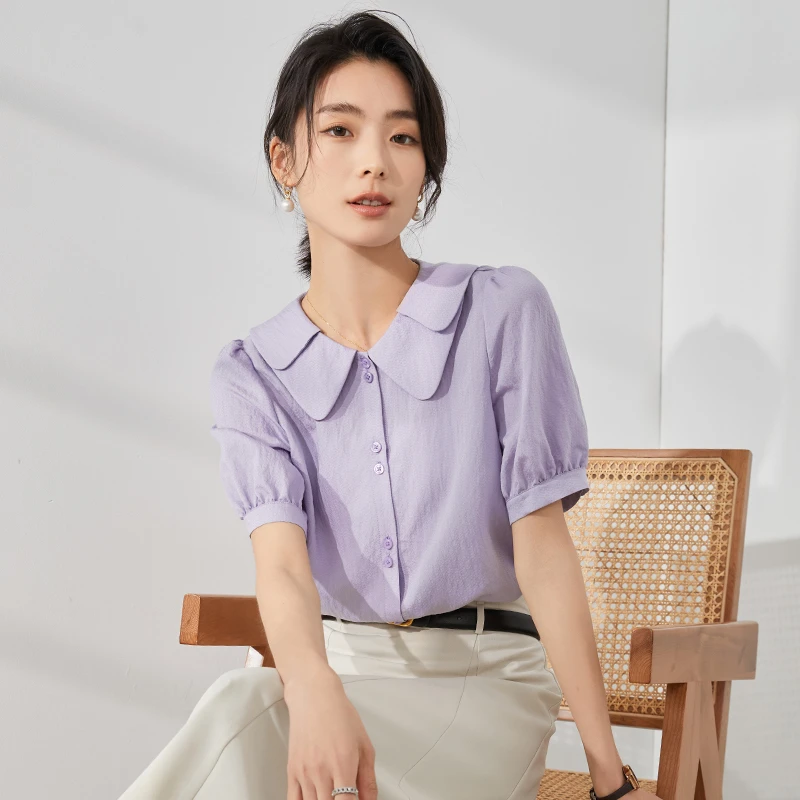 曼贝衬衫女短袖夏季新款洋气减龄上衣法式气质衬衣8392060佳莹