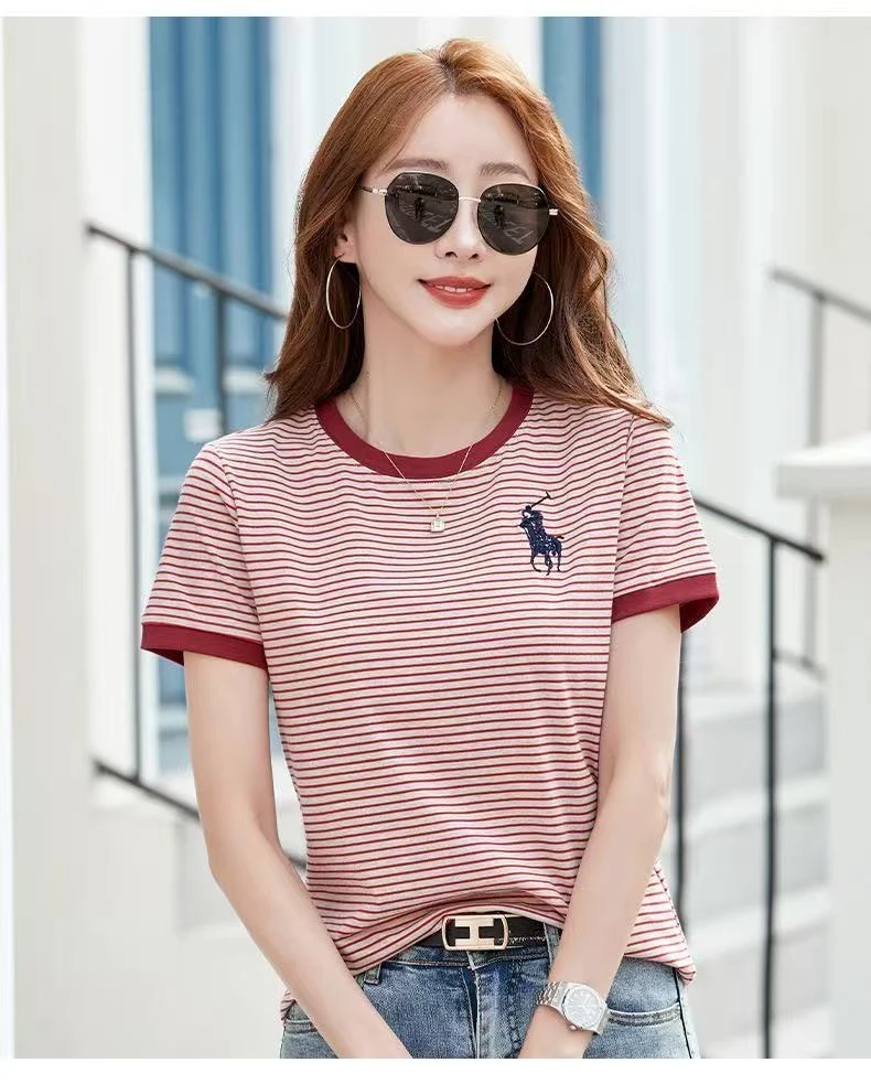 条纹短袖圆领撞色刺绣宽松女装T恤减龄时尚新款韩版上衣YSK-500