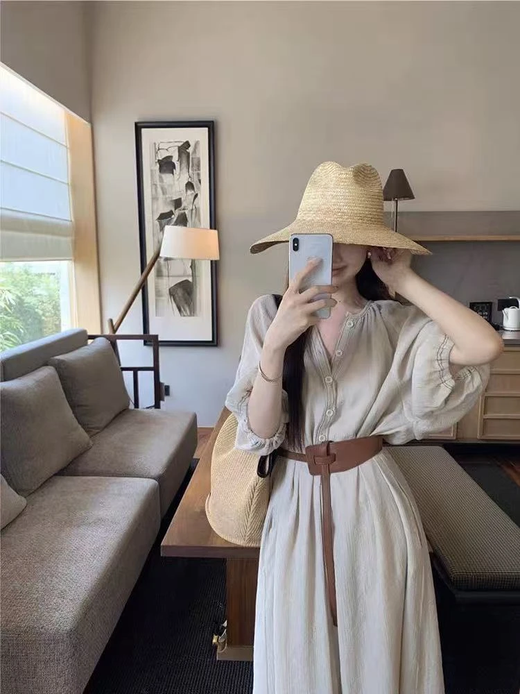 长裙落肩袖背带款单排多扣连衣裙女装气质洋气韩版设计感高腰