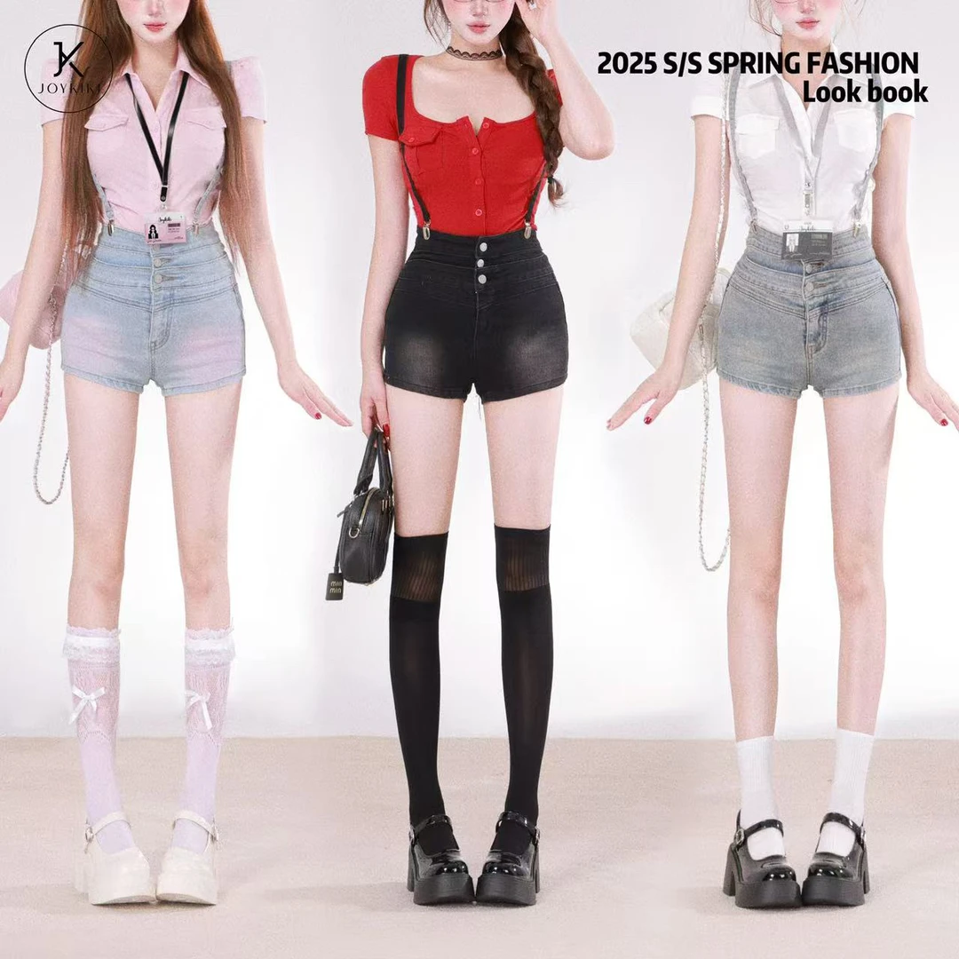 JOY KIKI鹅了么【逆天比例】夏季辣妹设计感高腰牛仔短裤J25B395