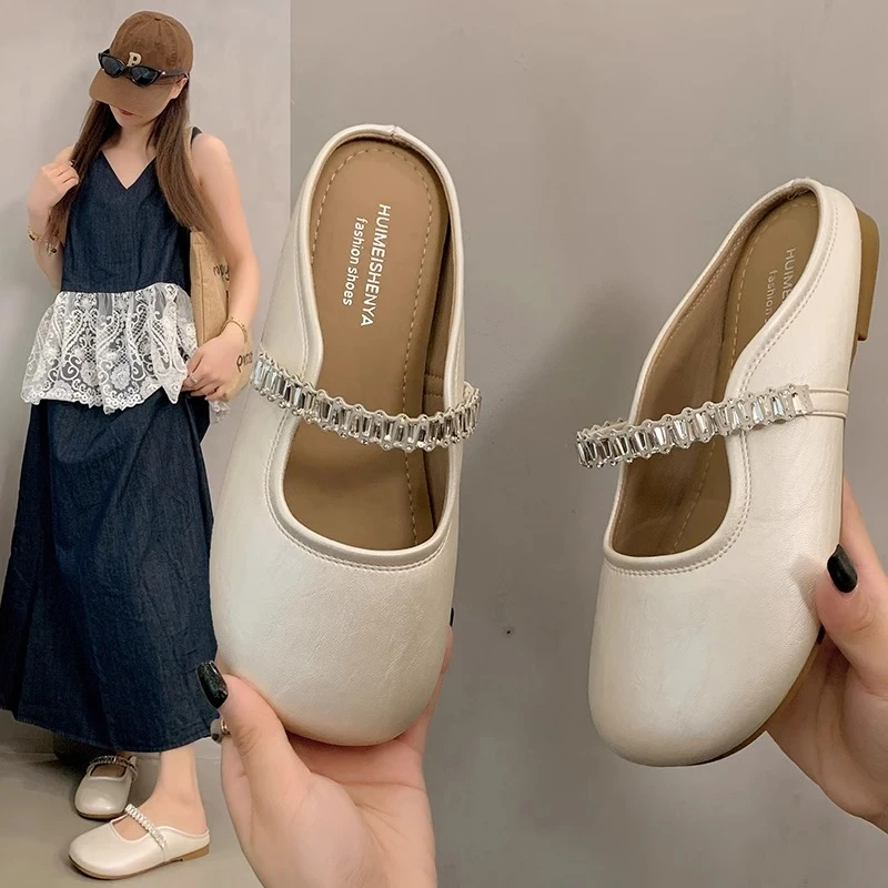 法式包头半拖鞋女新款温柔复古水钻配裙子韩系平底凉拖鞋B06