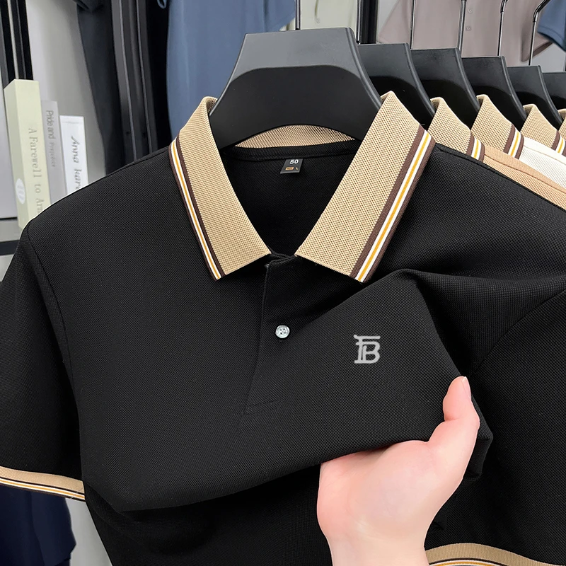 欧洲轻奢LUNBBLRRY夏季丝光棉短袖t恤高档男士透气半袖POLO衫翻领