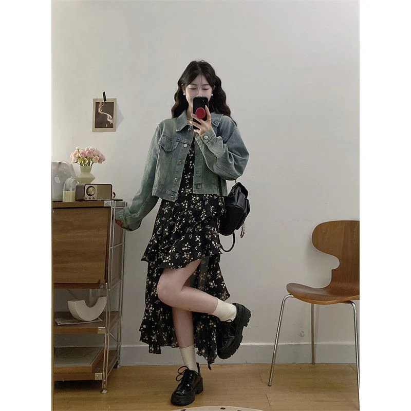 胖颖专属大码春季新款不规则碎花吊带裙+牛仔外套套装3135+2906